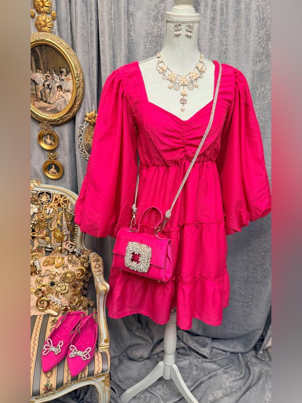 New Embellished Fuchsia Satin Bag & Pointed Slingback Flats Set - Picture 7 of 8